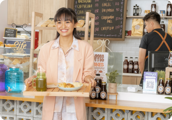 Woman happy holding food Woman happy holding food